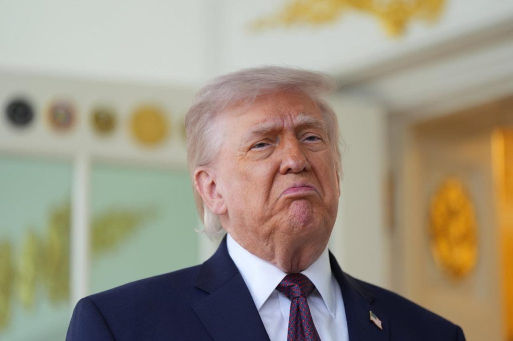 President Donald Trump speaks outside the Oval Office of the White House, Monday, April 13, 2026, in Washington. (AP Photo/Alex Brandon)