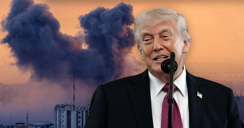 Donald Trump speaks in an edited image showing Iran behind him.