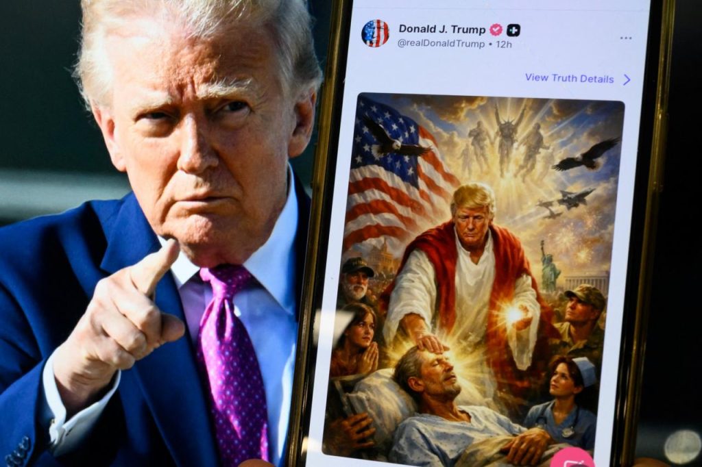 This photo illustration created on April 13, 2026 shows a picture of US President Donald Trump on a screen and an AI-generated picture he posted on his Truth Social platform depicting himself as Jesus Christ after criticizing Pope Leo XIV. Trump later posted an AI-generated image seemingly depicting himself as Jesus Christ. In the image, the president appears dressed in red and white robes as he cures a man with his healing hand. The American flag is shown over his shoulder. Trump and the White House have previously shared AI-generated images, including one that showed the president dressed as the pope. (Photo by Mandel NGAN / AFP via Getty Images)